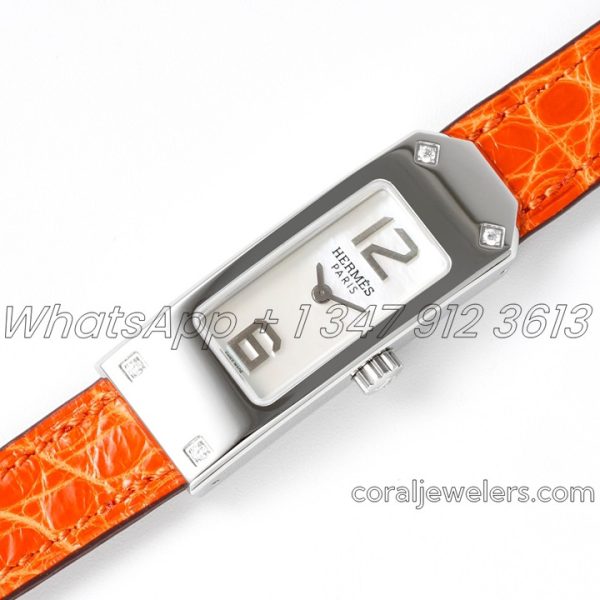 Replica Hermes Kelly 2 White Dial In Steel On Orange Alligator Strap (2)