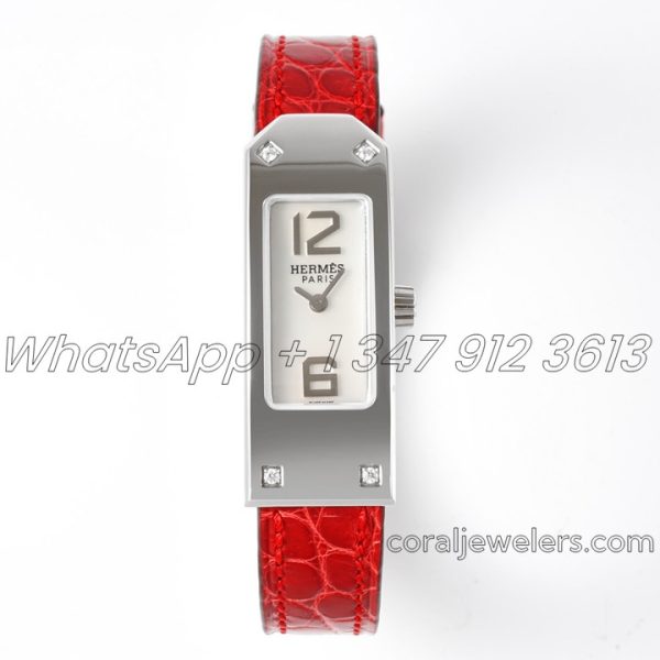 Replica Hermes Kelly 2 White Dial In Steel On Red Alligator Strap (1)