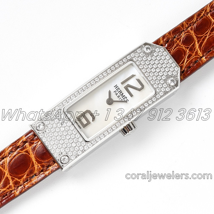 Replica Hermes Kelly 2 White Dial In Steel With Diamond Paved Bezel On Brown Alligator Strap (2)