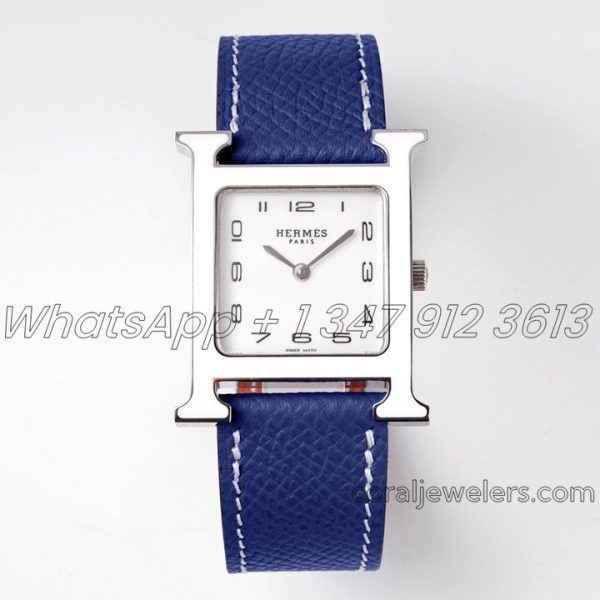 Replica Heure H 26mm Bvf White Dial In Steel On Blue Leather Strap (1)