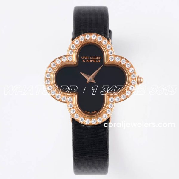 Replica Van Cleef & Arpels Alhambra Bvf 30.2mm Mop Dial In Rose Gold With Diamond In Black Strap (1)