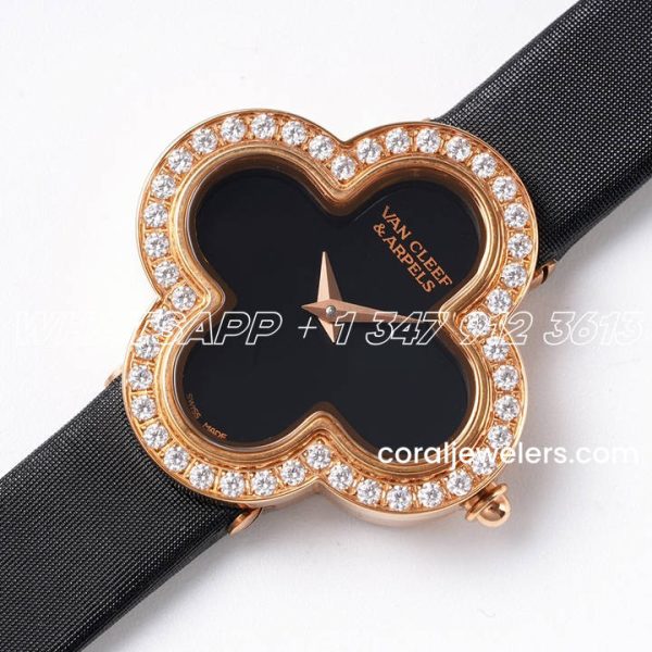 Replica Van Cleef & Arpels Alhambra Bvf 30.2mm Mop Dial In Rose Gold With Diamond In Black Strap (2)