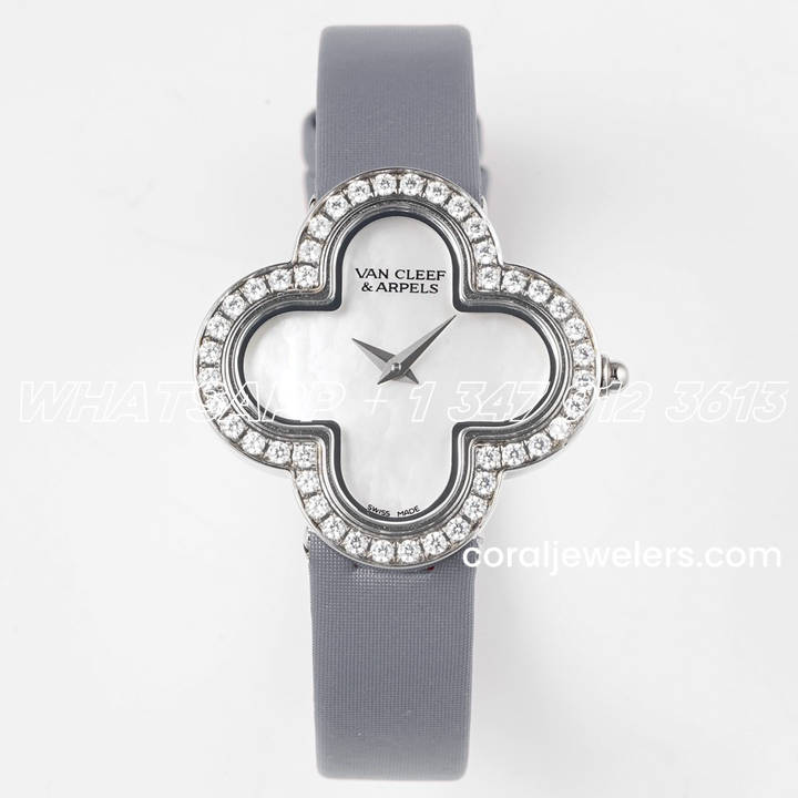 Replica Van Cleef & Arpels Alhambra Bvf 30.2mm Mop Dial In Steel With Diamond On Grey Strap (1)