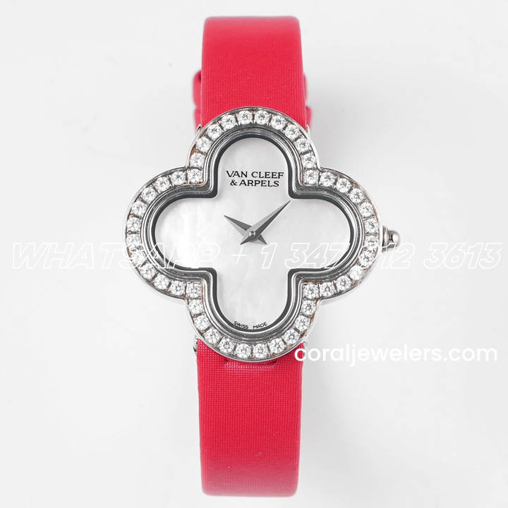 Replica Van Cleef & Arpels Alhambra Bvf 30.2mm Mop Dial In Steel With Diamond On Pink Strap (1)