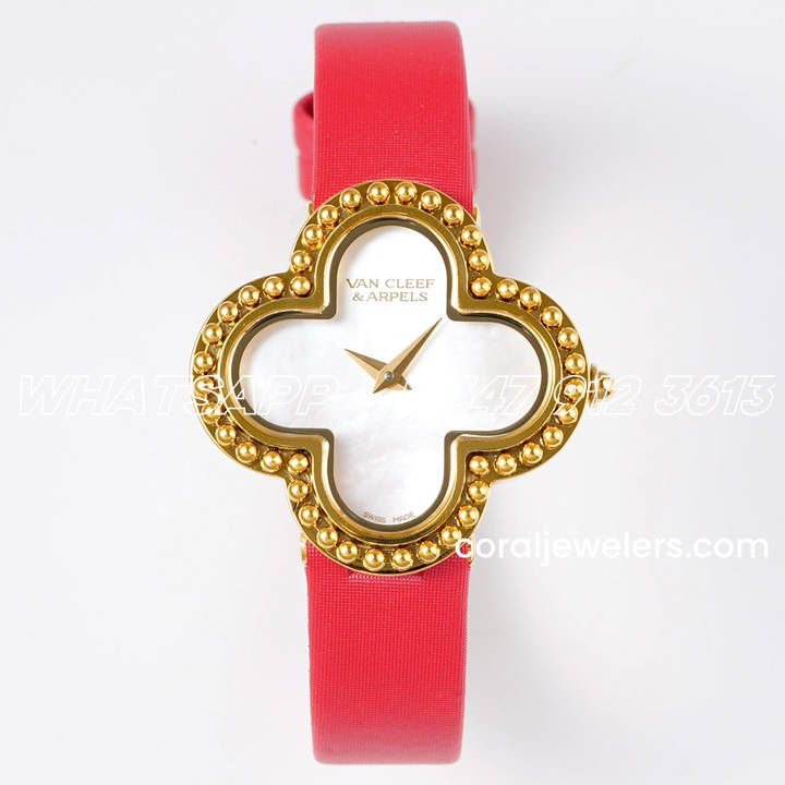 Replica Van Cleef & Arpels Alhambra Bvf 30.2mm Mop Dial In Yellow Gold In Red Strap (1)